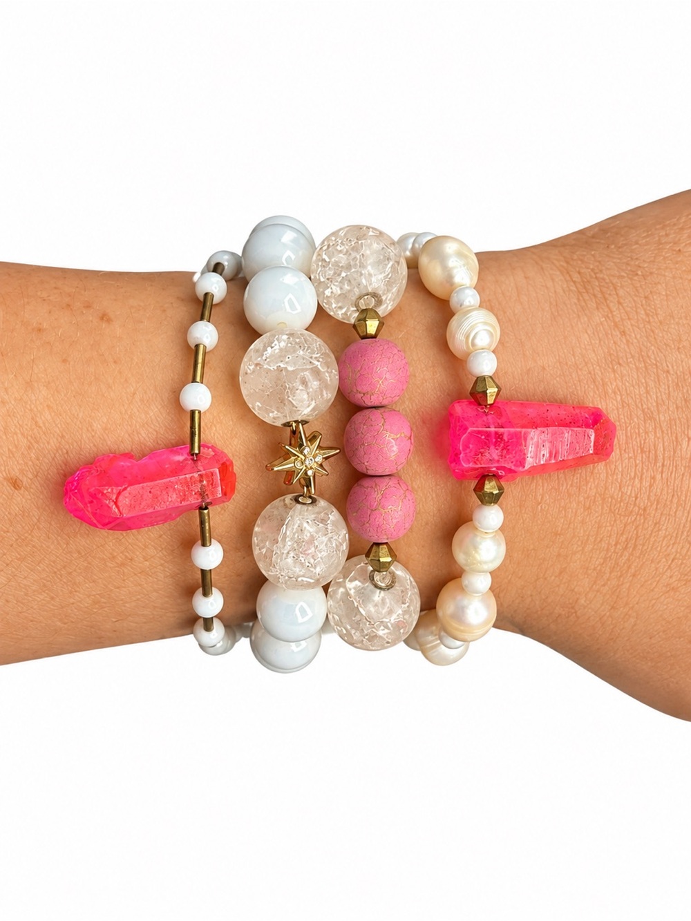 Beaded Pink Neon Crystal & White Pearl Stackable Bracelet Set